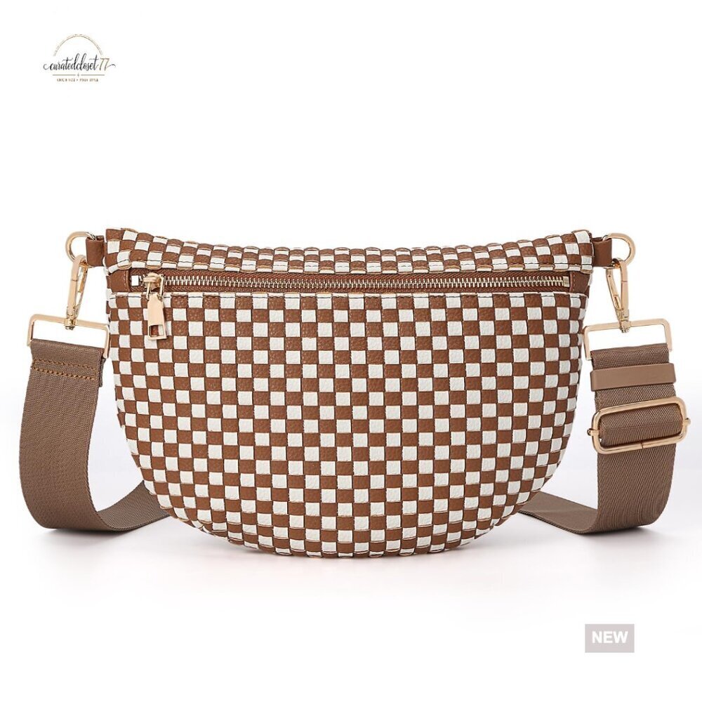 Woven Faux Leather Crossbody Bag, Adjustable Strap, 3 Pockets, Checkered Pattern
